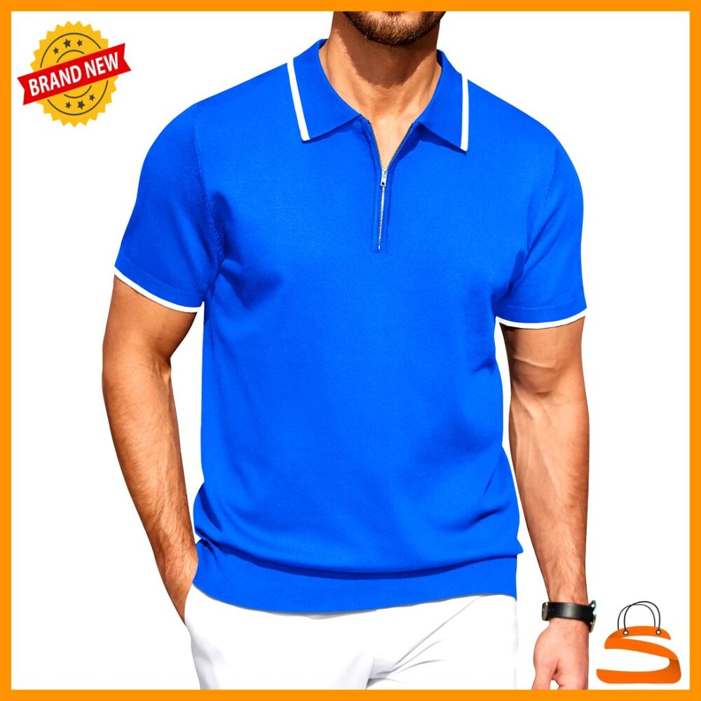Classic Fit Zipper Polo Shirt Casual Knit Short Sleeve Retro Preppy Style